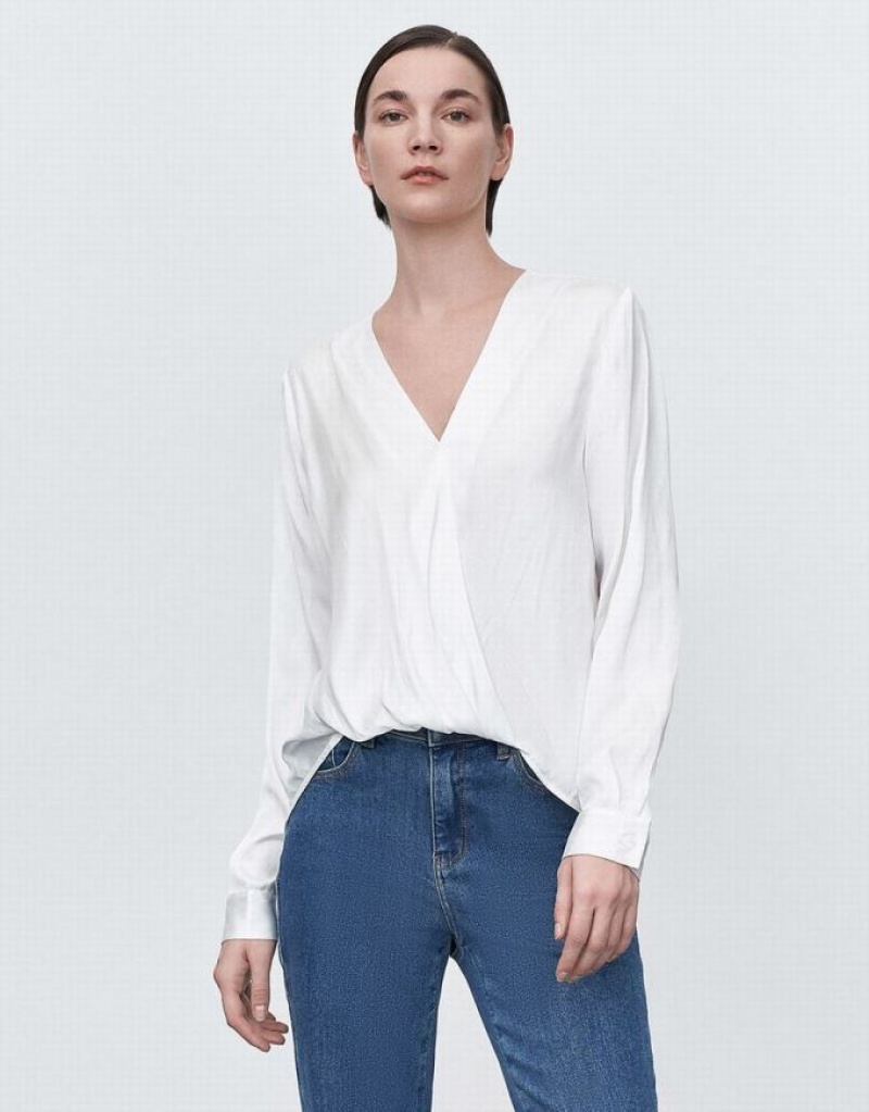 White Urban Revivo Silk Effect Wrap Women's Blouse | 69857NHIR