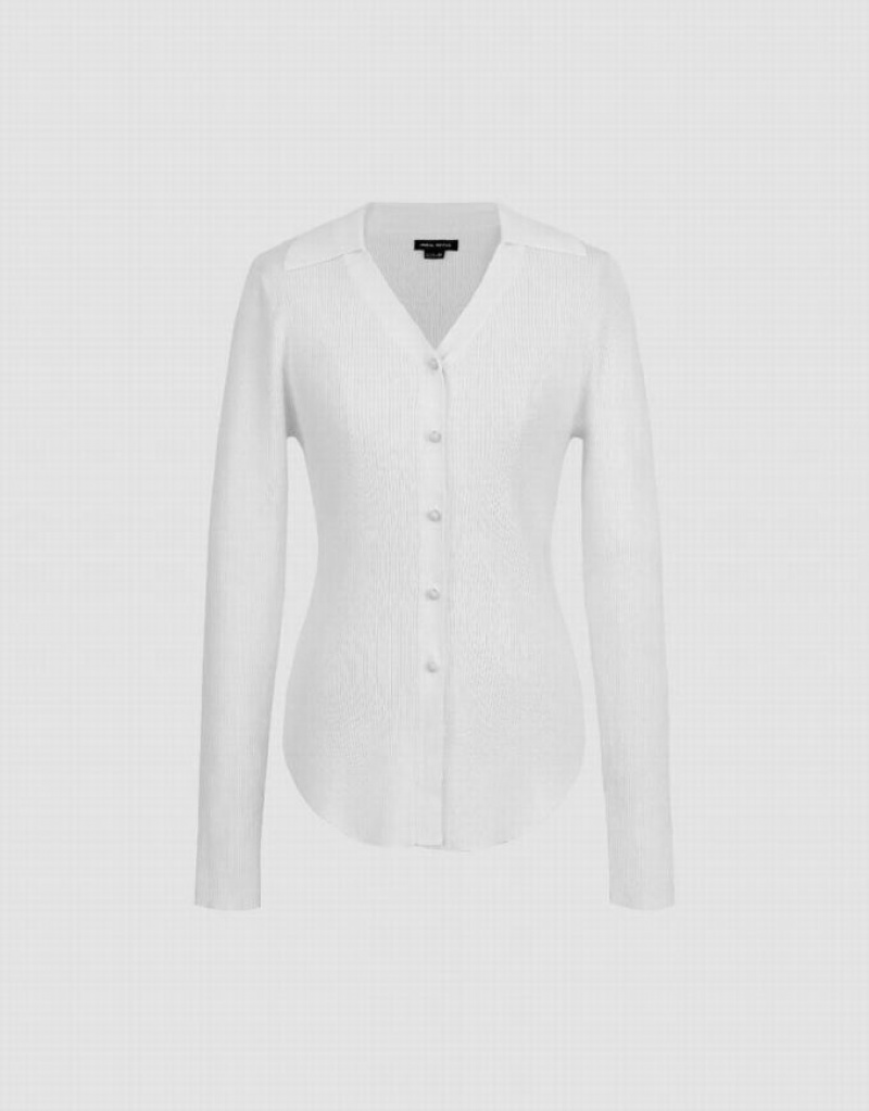 White Urban Revivo Skinny V-Neck Knitted Women's Cardigan | 38759VYKI