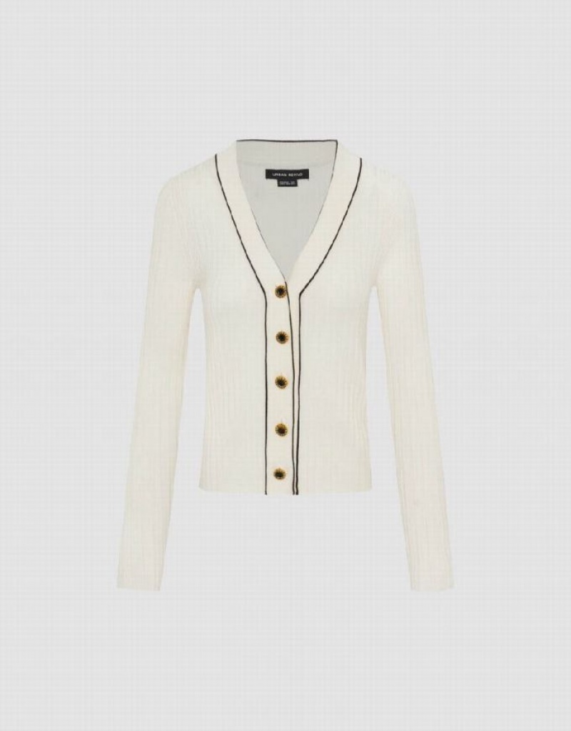 White Urban Revivo Skinny V-Neck Knitted Women's Cardigan | 64527CBXV