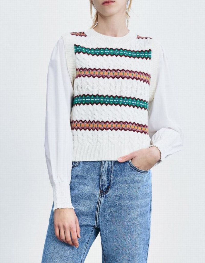 White Urban Revivo Spliced Striped Knitted Top Women's Cardigan | 72465PMWI