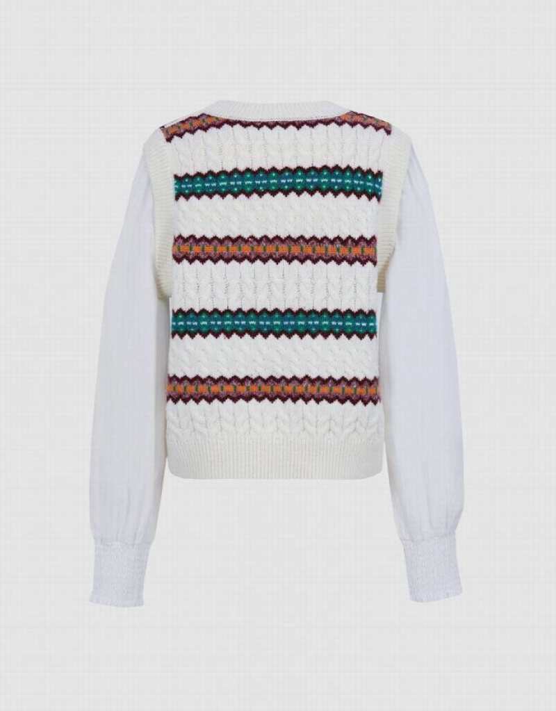 White Urban Revivo Spliced Striped Knitted Top Women's Cardigan | 72465PMWI