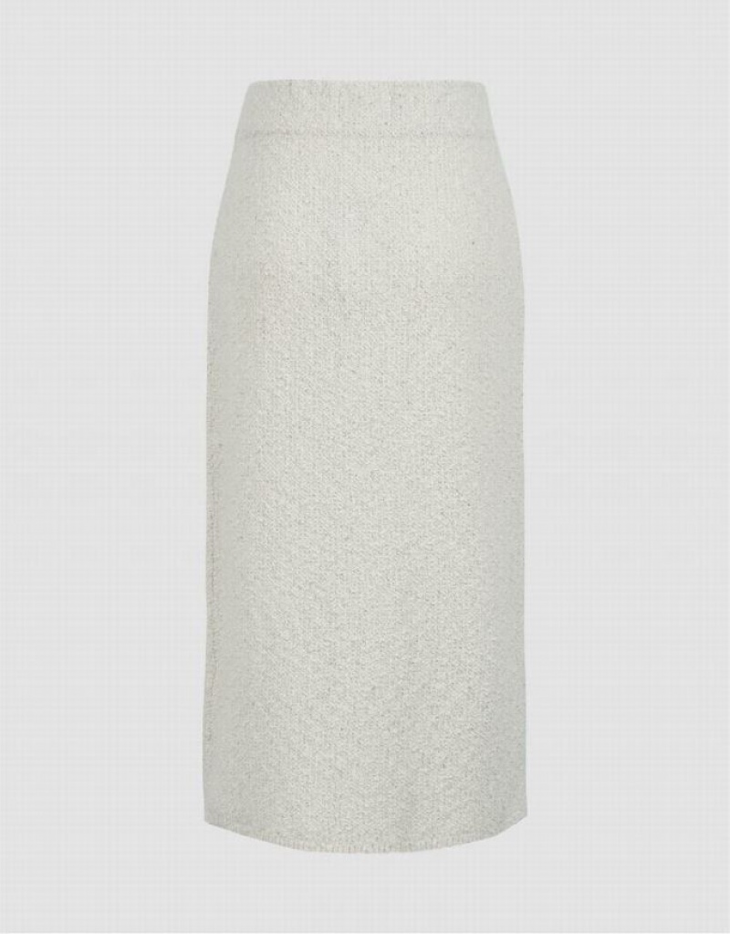 White Urban Revivo Split Hem Tweed Knitted Straight Women's Skirts | 28054SJBP