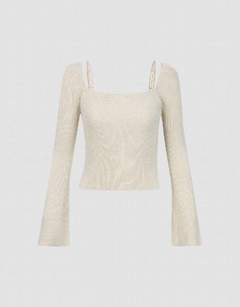 White Urban Revivo Square-cut Collar Knitted Women's Cardigan | 92873YEMB