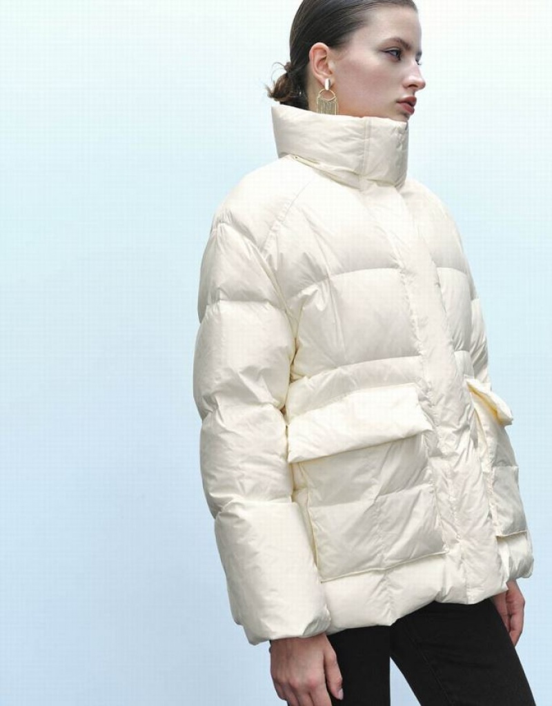 White Urban Revivo Stand Collar Women's Puffer Jacket | 78590UACP