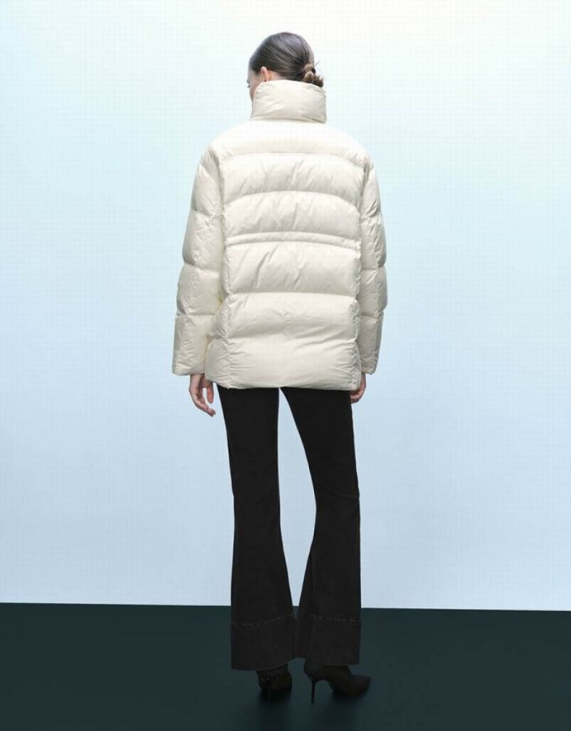 White Urban Revivo Stand Collar Women's Puffer Jacket | 78590UACP