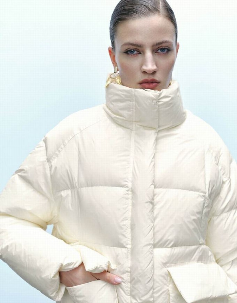 White Urban Revivo Stand Collar Women's Puffer Jacket | 78590UACP