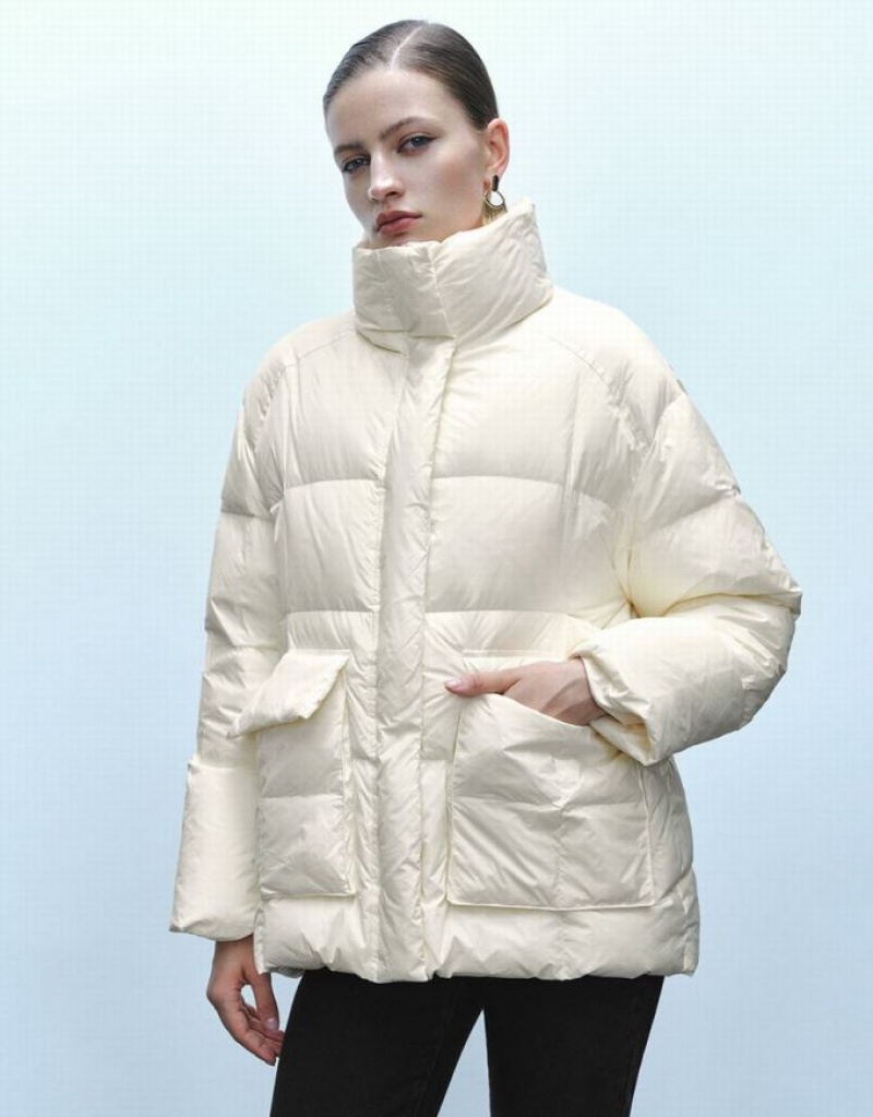 White Urban Revivo Stand Collar Women\'s Puffer Jacket | 78590UACP