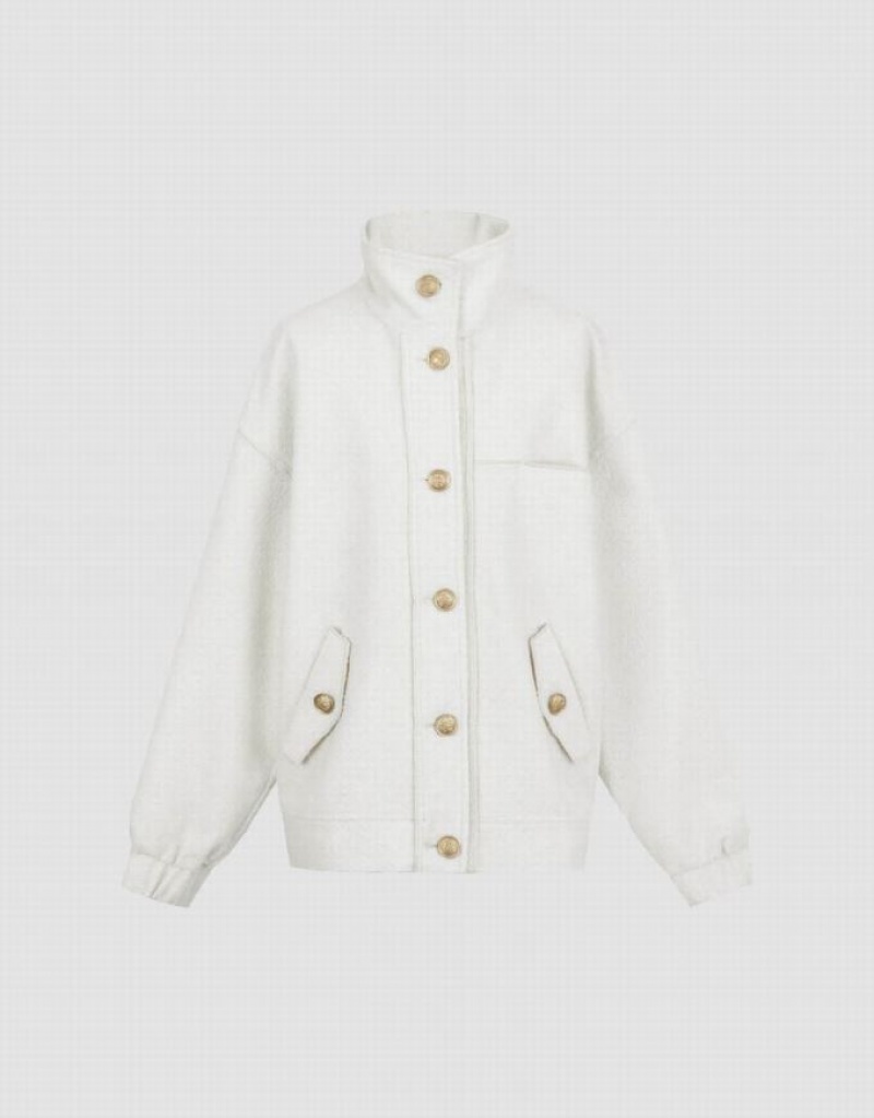 White Urban Revivo Stand Collar Woolen Women's Jacket | 19437TCPX