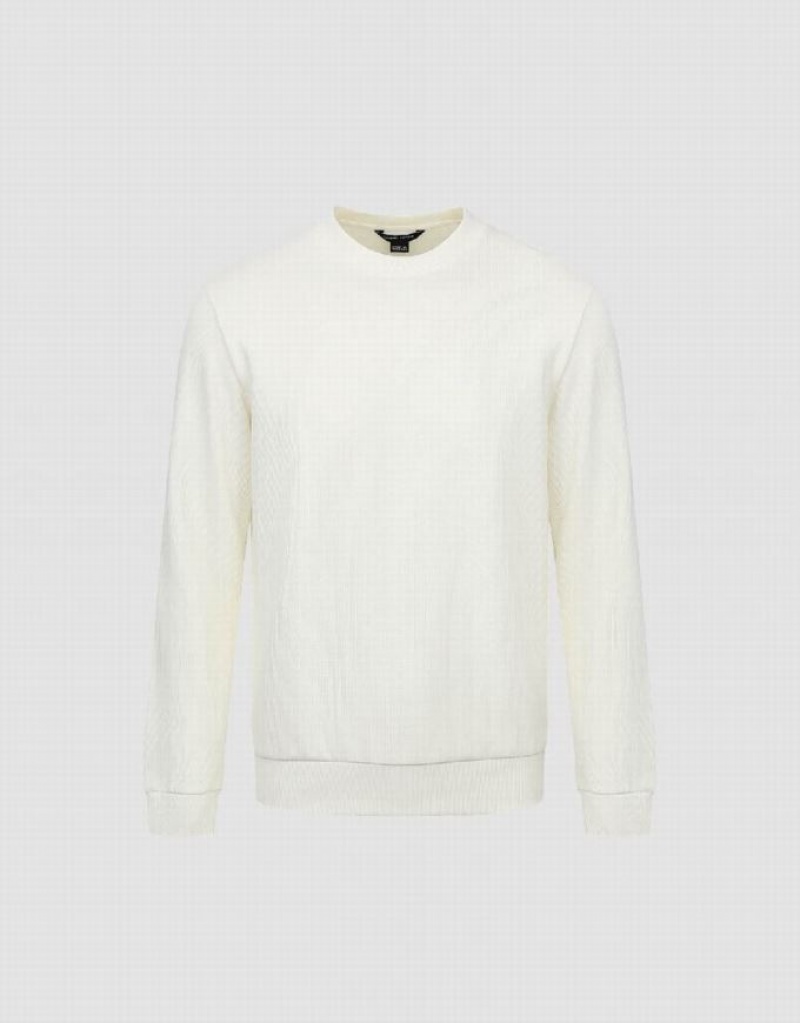 White Urban Revivo Standard Sleeve Crew Neck Men's Sweatshirts | 50921HWIA