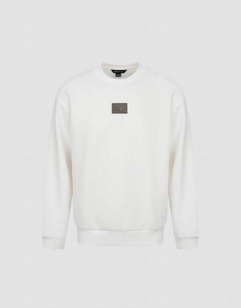 White Urban Revivo Standard Sleeve Crew Neck Men's Sweatshirts | 87539WZPM