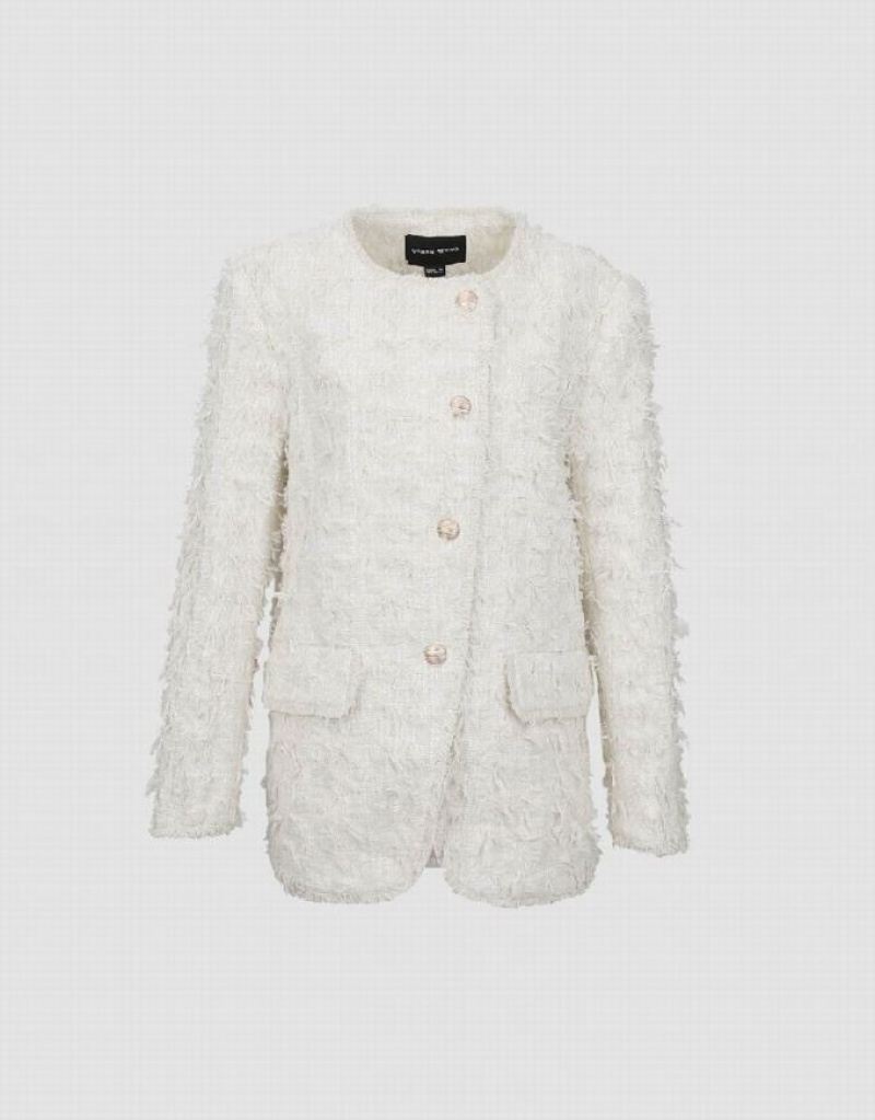 White Urban Revivo Standard Sleeve Fuzzy Women's Jacket | 83791DMSV