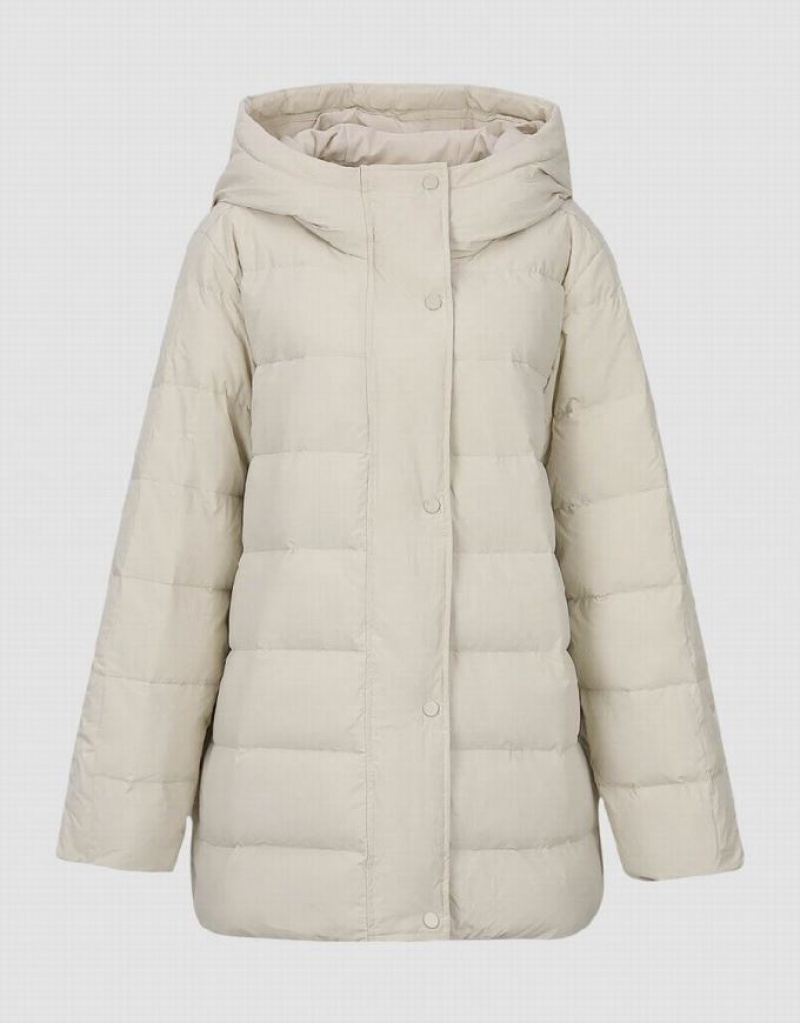 White Urban Revivo Straight Hooded Women's Down Jackets | 39058JFXR