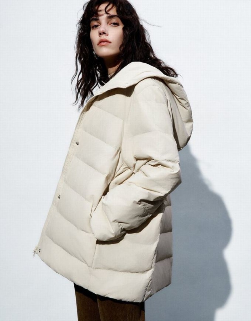 White Urban Revivo Straight Hooded Women's Down Jackets | 39058JFXR