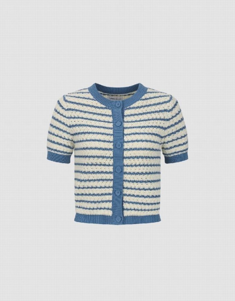 White Urban Revivo Striped Crew Neck Knitted Women's Cardigan | 71905MEIG