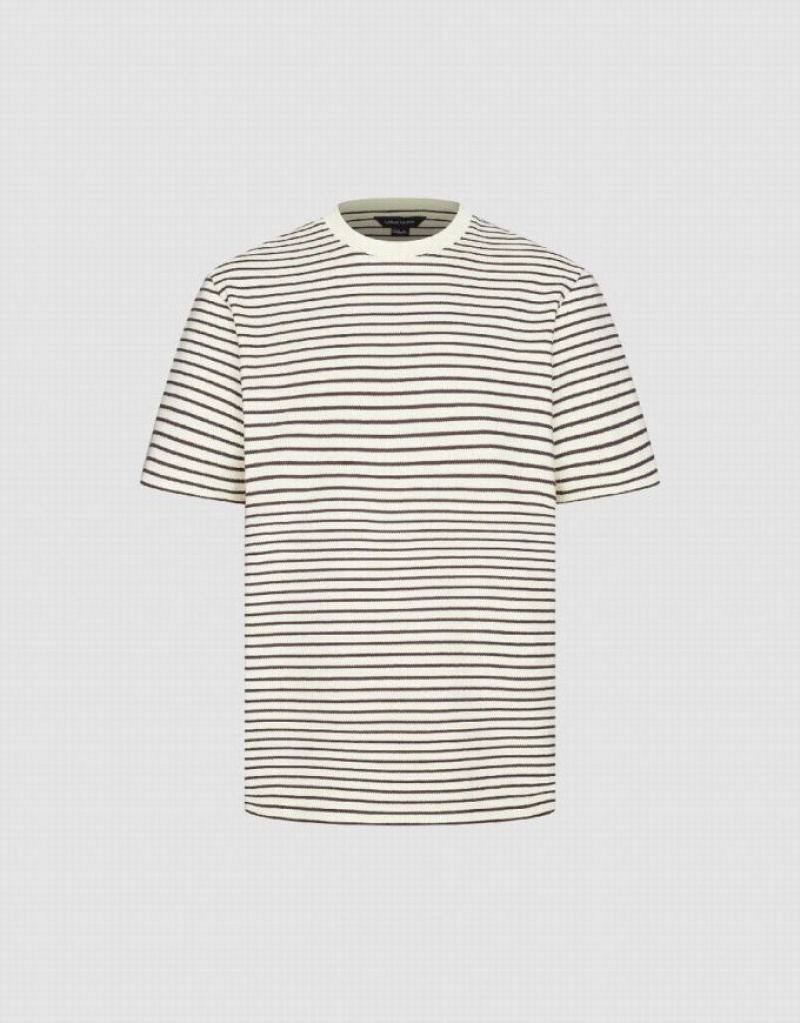 White Urban Revivo Striped Crew Neck Men's T-Shirts | 70642OQIX