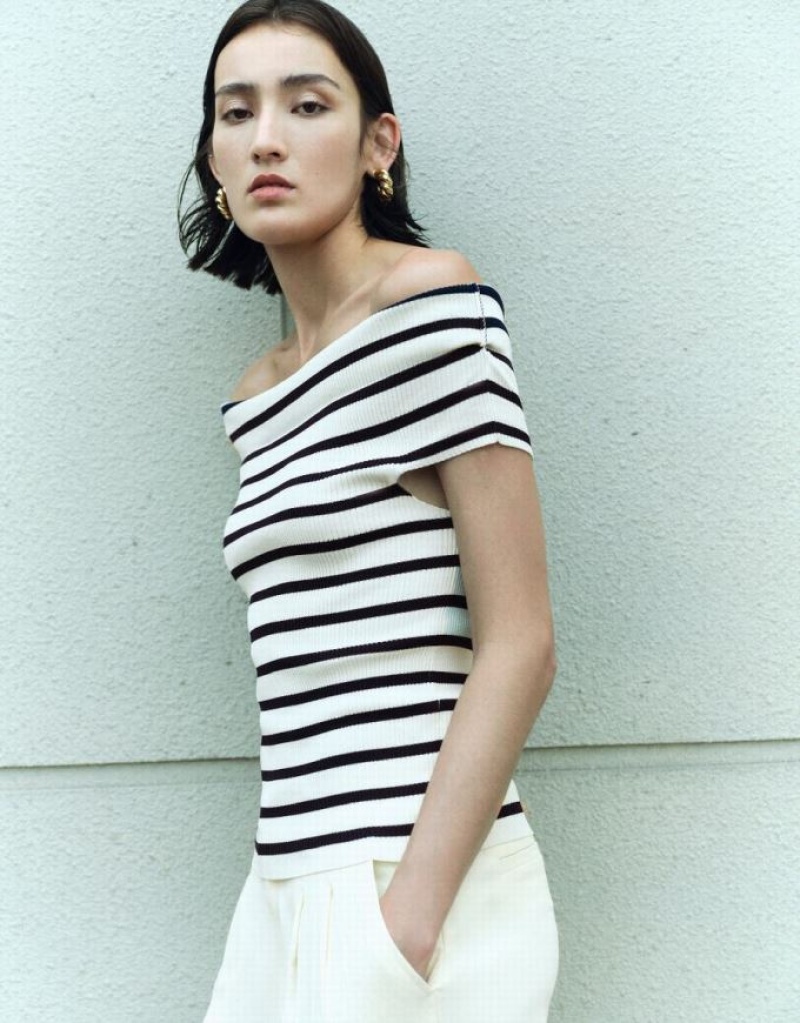 White Urban Revivo Striped Sleeveless Off-Shoulder Knitted Top Women's Cardigan | 15674QAPR