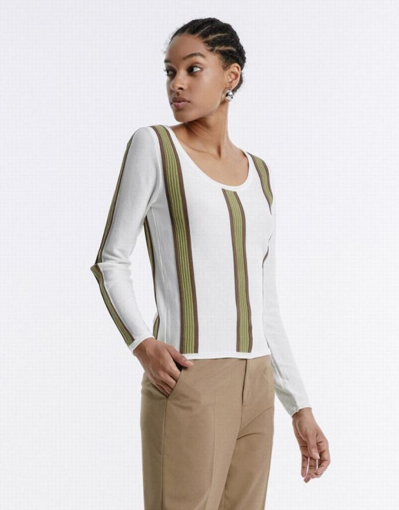 White Urban Revivo Striped Women's Sweaters | 91273SUDF