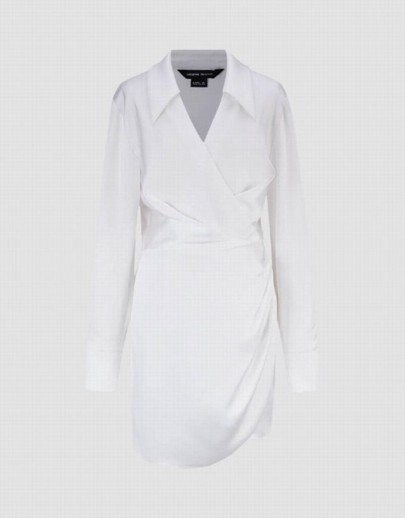 White Urban Revivo Surplice Front V-Neck Lapel Skater Women's Short Dress | 41807MNLC