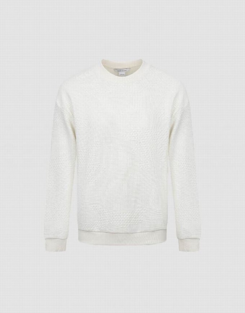 White Urban Revivo Textured Crew Neck Men's Sweatshirts | 23576ZACM