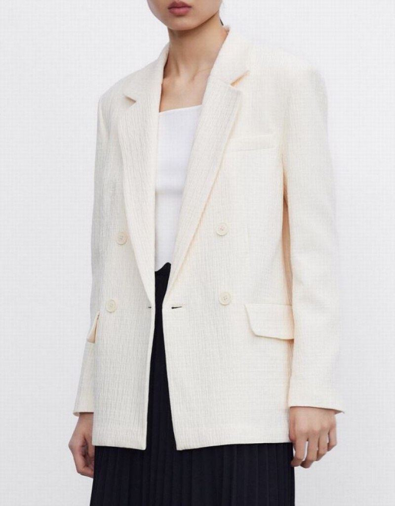 White Urban Revivo Textured Double Breasted Women's Blazers | 80279FDKT