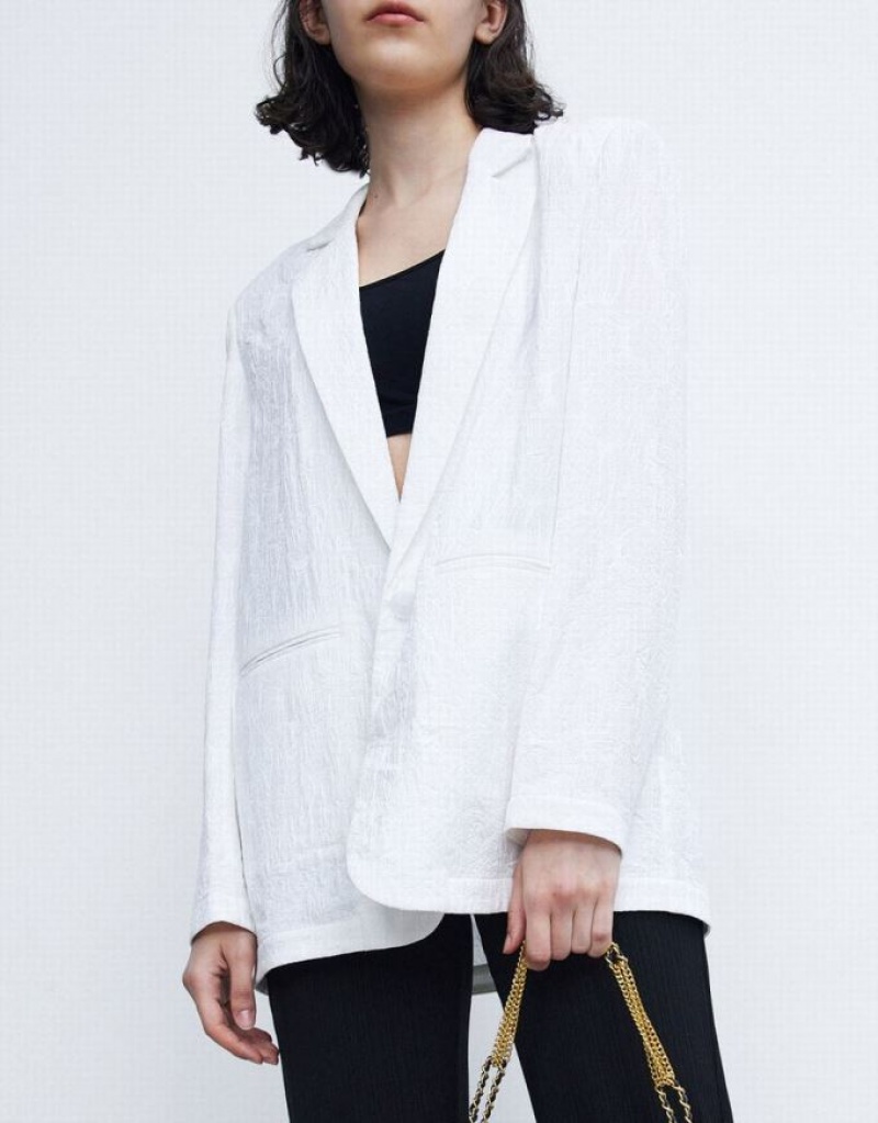 White Urban Revivo Textured Single Breasted Women's Blazers | 74096TDJW