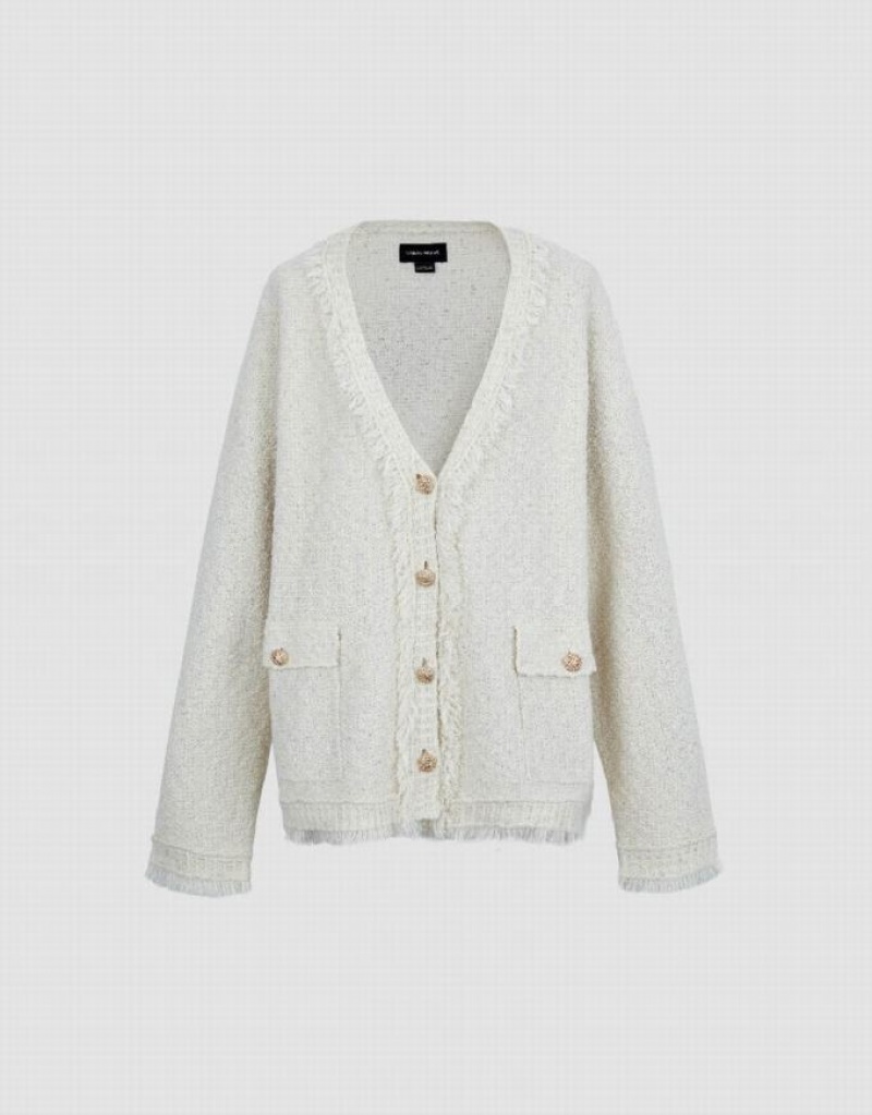 White Urban Revivo Tweed Raw Trim V-Neck Knitted Women's Cardigan | 93068BPGD