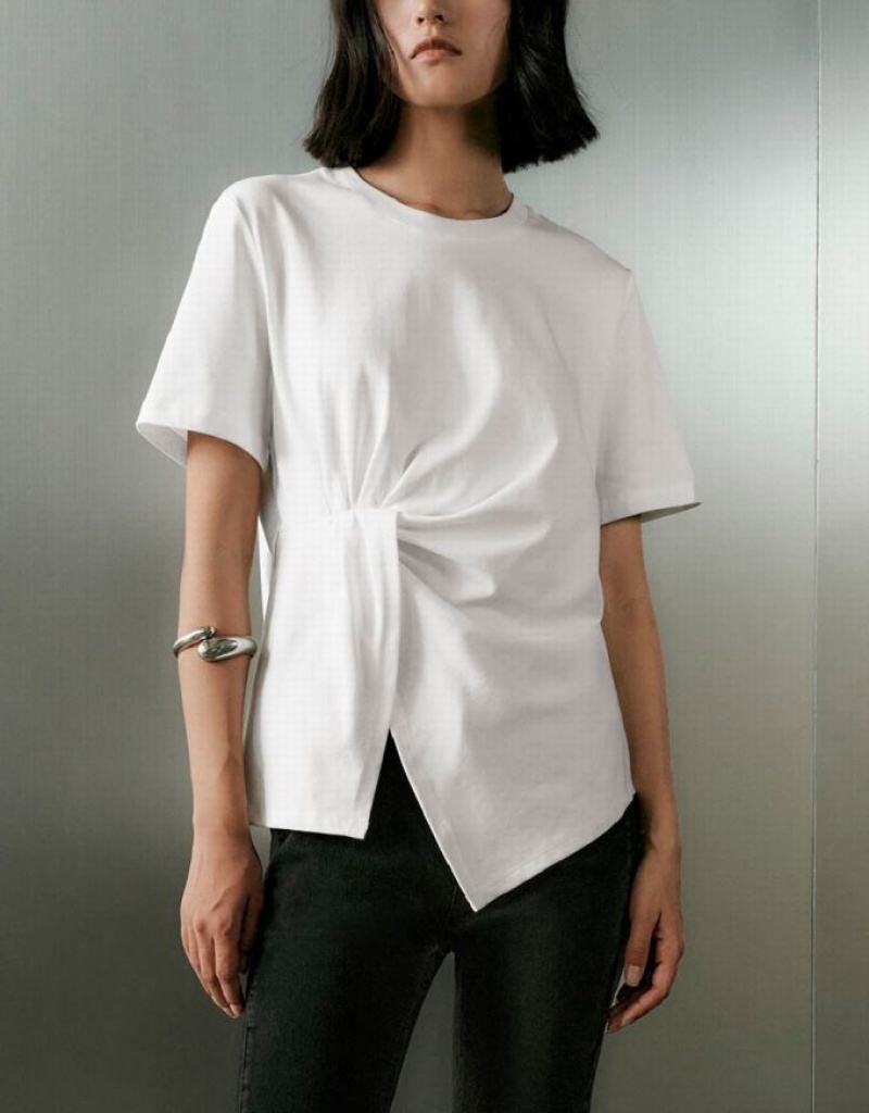 White Urban Revivo Twist Side Crew Neck Women's T-Shirts | 74193BTZJ