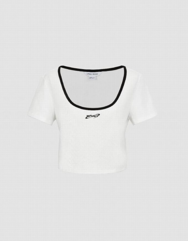 White Urban Revivo U Neck Knitted Women's T-Shirts | 78504VIWP