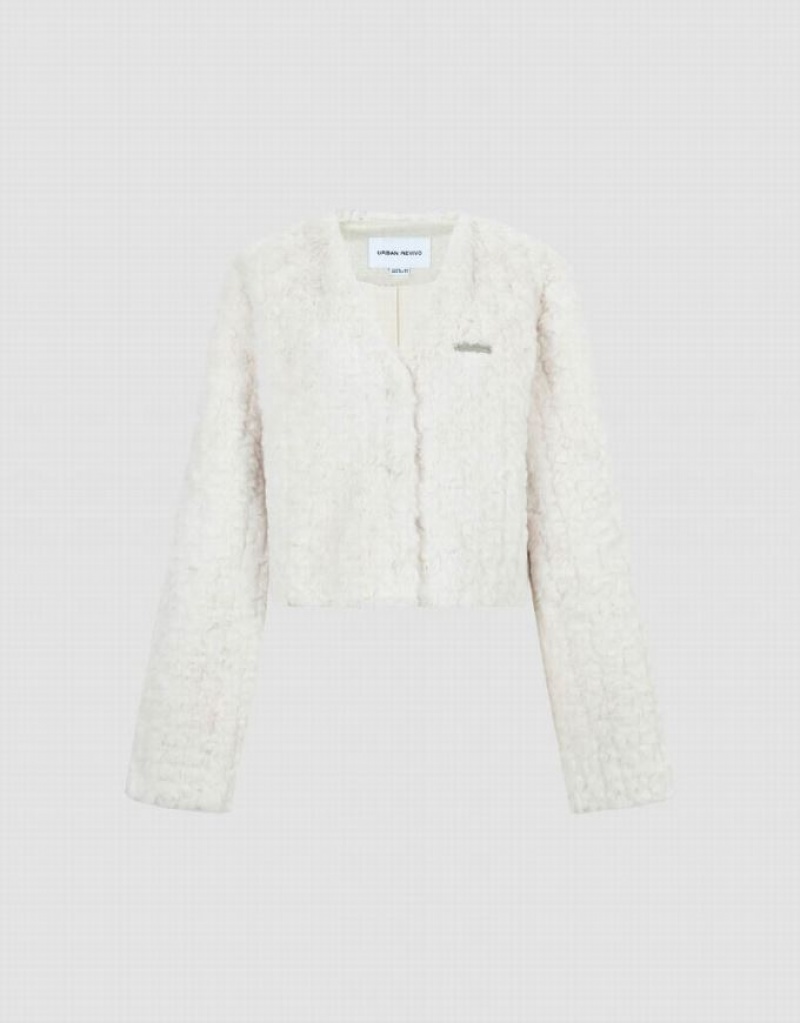 White Urban Revivo V-Neck Furry Women's Coats | 28193FMSV