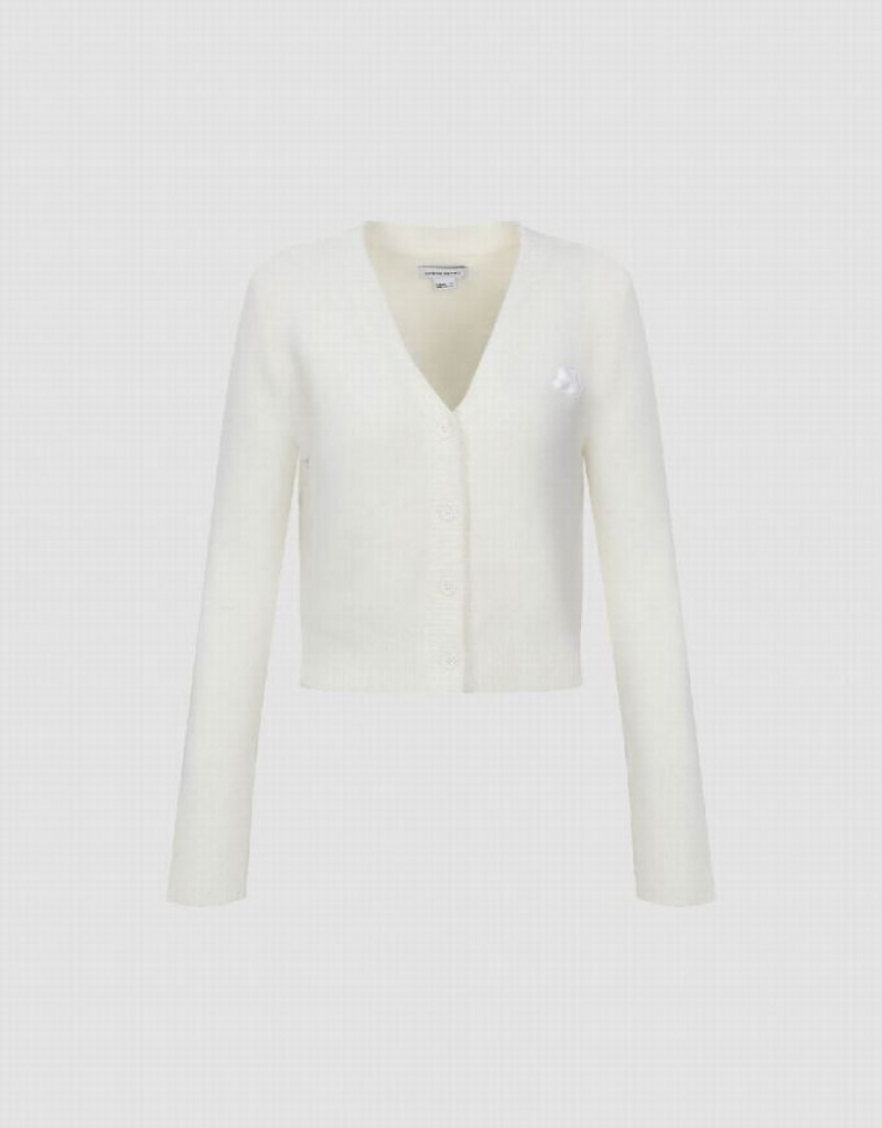 White Urban Revivo V-Neck Knitted Women's Cardigan | 05392JNXQ