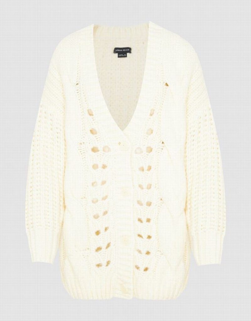 White Urban Revivo V-Neck Knitted Women's Cardigan | 03281UCOA