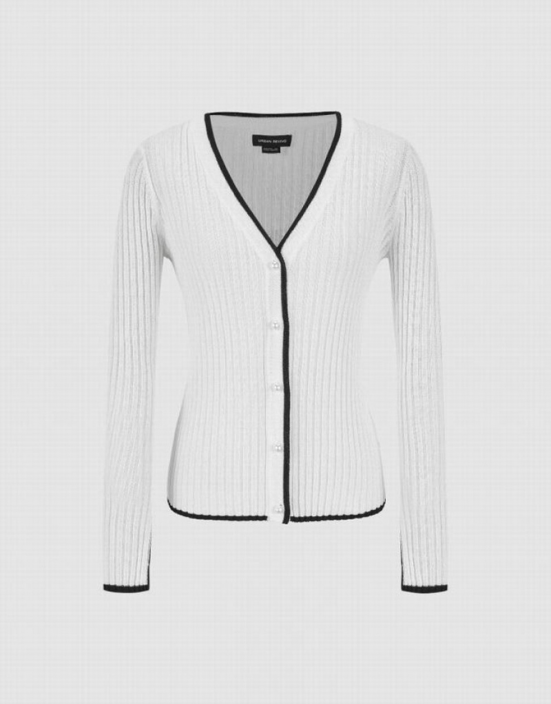 White Urban Revivo V-Neck Knitted Women's Cardigan | 19854AHIK