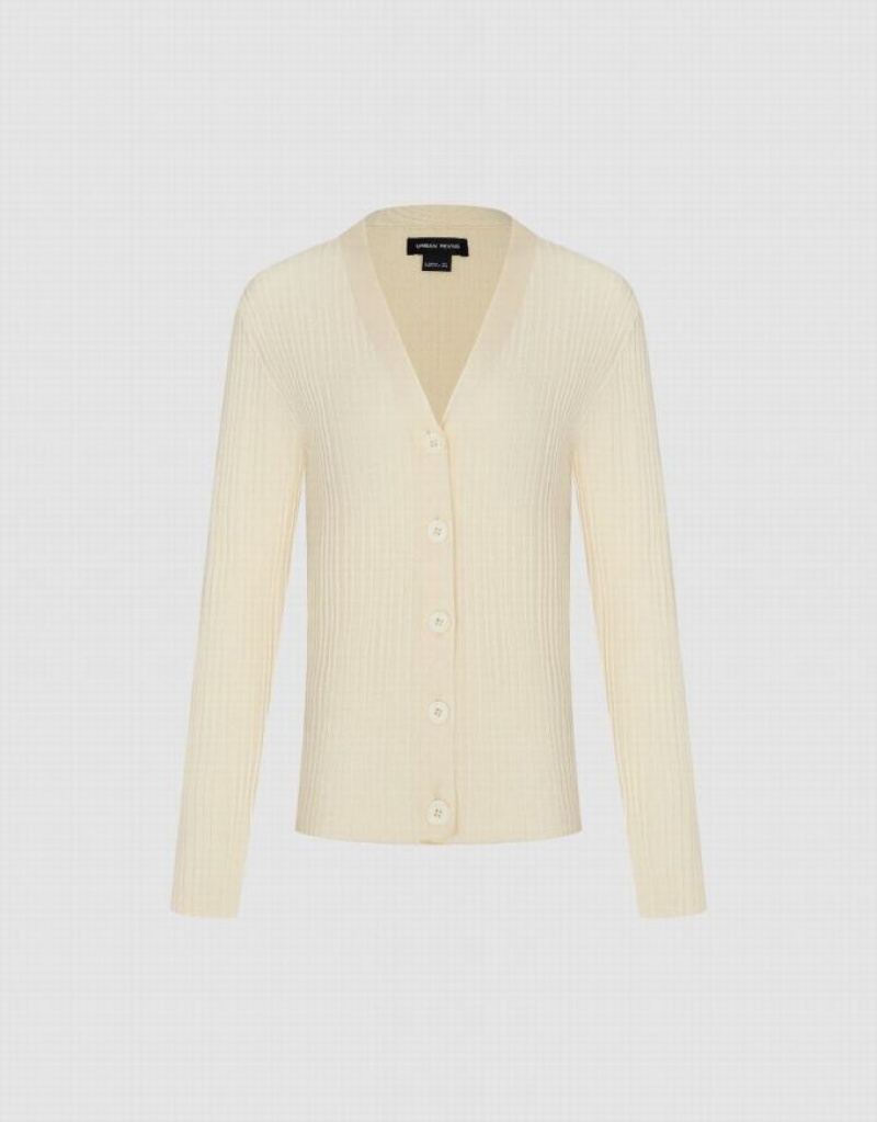 White Urban Revivo V-Neck Knitted Women's Cardigan | 53807QSPK