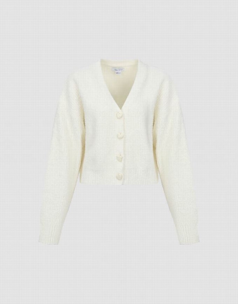 White Urban Revivo V-Neck Knitted Women's Cardigan | 16908LQOY