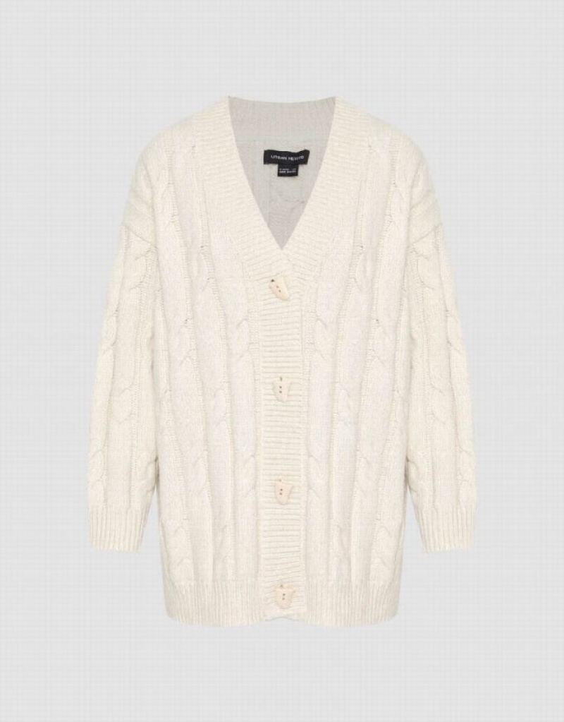 White Urban Revivo V-Neck Loose Knitted Women's Cardigan | 70364PYBT