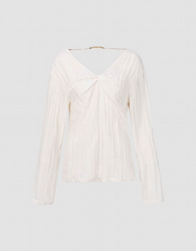 White Urban Revivo V-Neck Overhead Women's Blouse | 65419IGLT