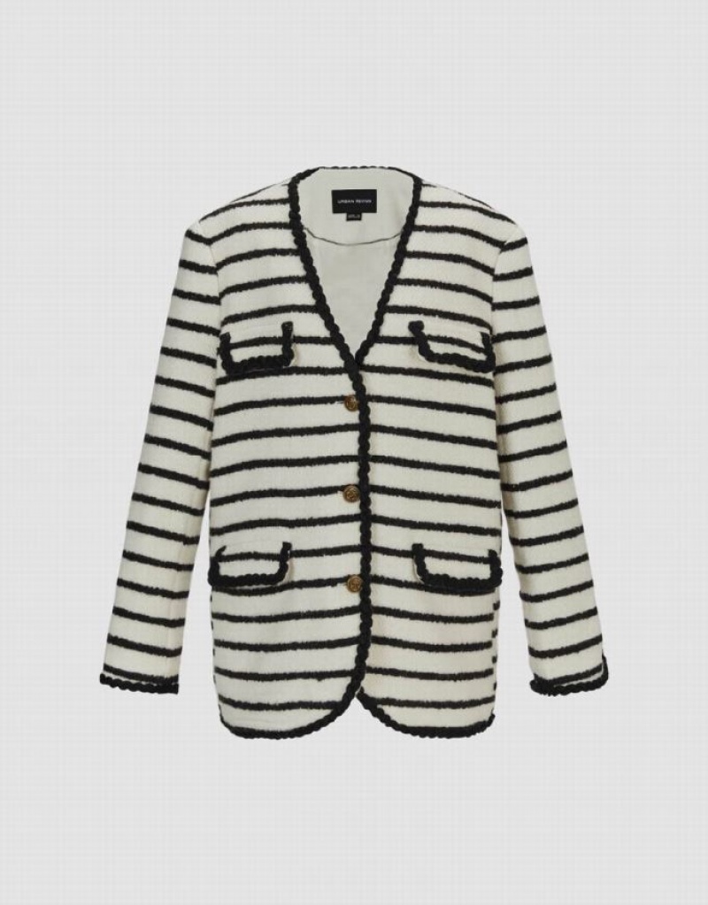 White Urban Revivo V-Neck Striped Woolen Women's Jacket | 02987NYCU