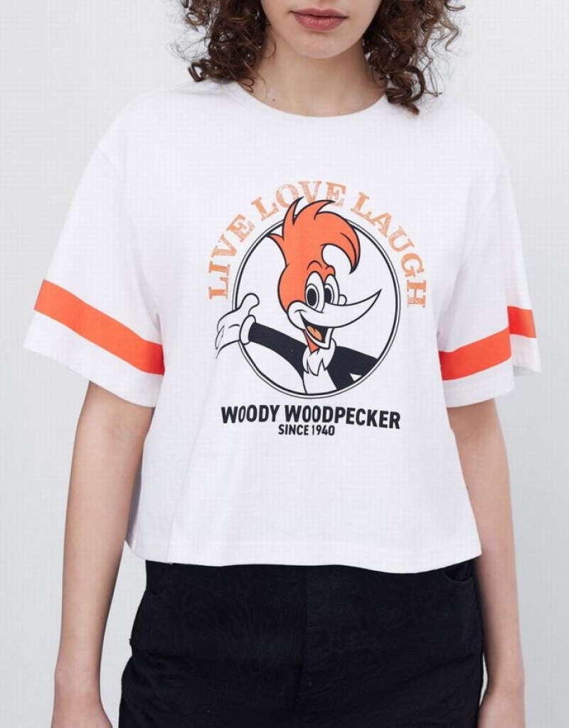 White Urban Revivo Woody Woodpecker Crop Women's T-Shirts | 26158RUDL