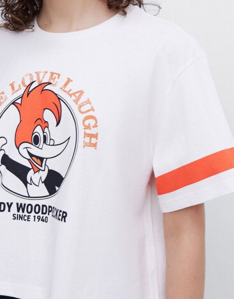 White Urban Revivo Woody Woodpecker Crop Women's T-Shirts | 26158RUDL