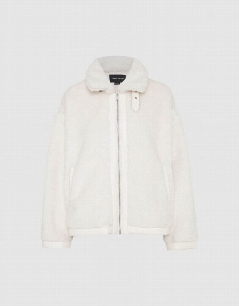 White Urban Revivo Zipper Front Furry Women's Coats | 09237ZWDJ