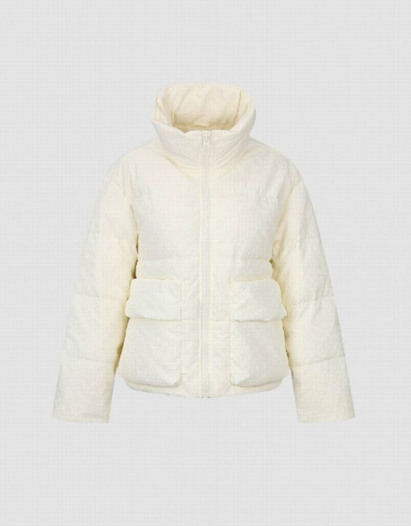 White Urban Revivo Zipper Front Stand Collar Women's Down Jackets | 13608XENB