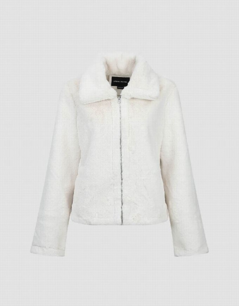 White Urban Revivo Zipper Front Straight Furry Women's Coats | 31864QREO