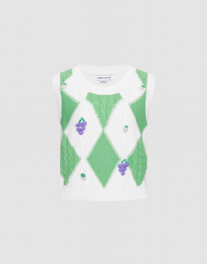 White / Green Urban Revivo Argyle Women\'s Tank Top | 34207OLHK