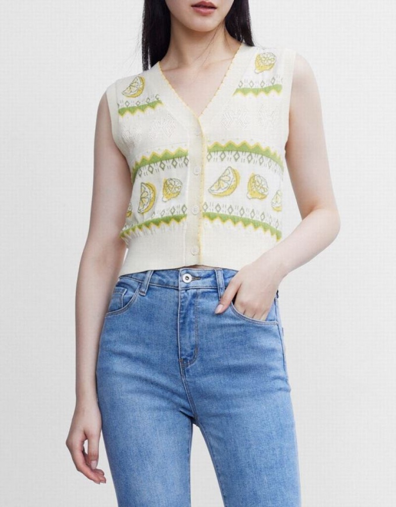 White / Green Urban Revivo Lemon Print Button Front Knitted Women's Sweater Vest | 08795URCA