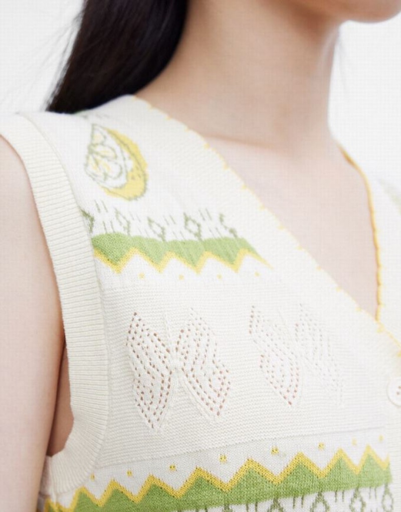 White / Green Urban Revivo Lemon Print Button Front Knitted Women's Sweater Vest | 08795URCA