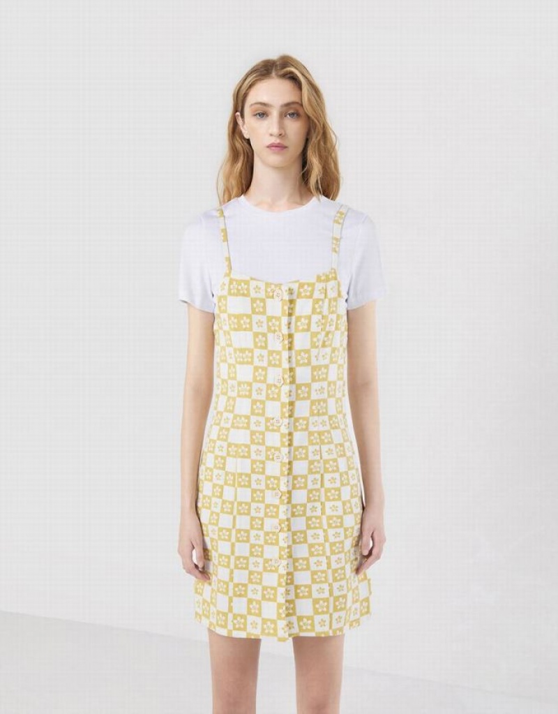 Yellow Urban Revivo 2 In 1 Checkered Floral Women's Denim Dress | 17460ZNHP