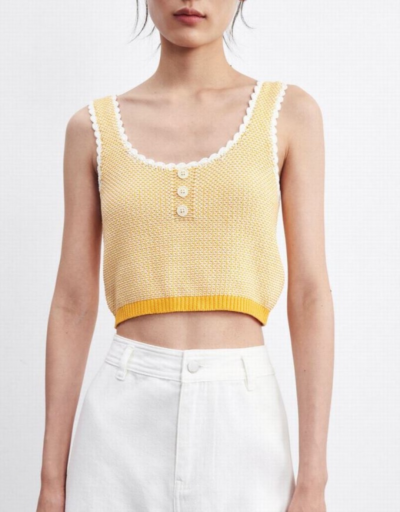 Yellow Urban Revivo Contrast Trim Half Button Knitted Women's Tank Top | 64209WCHP