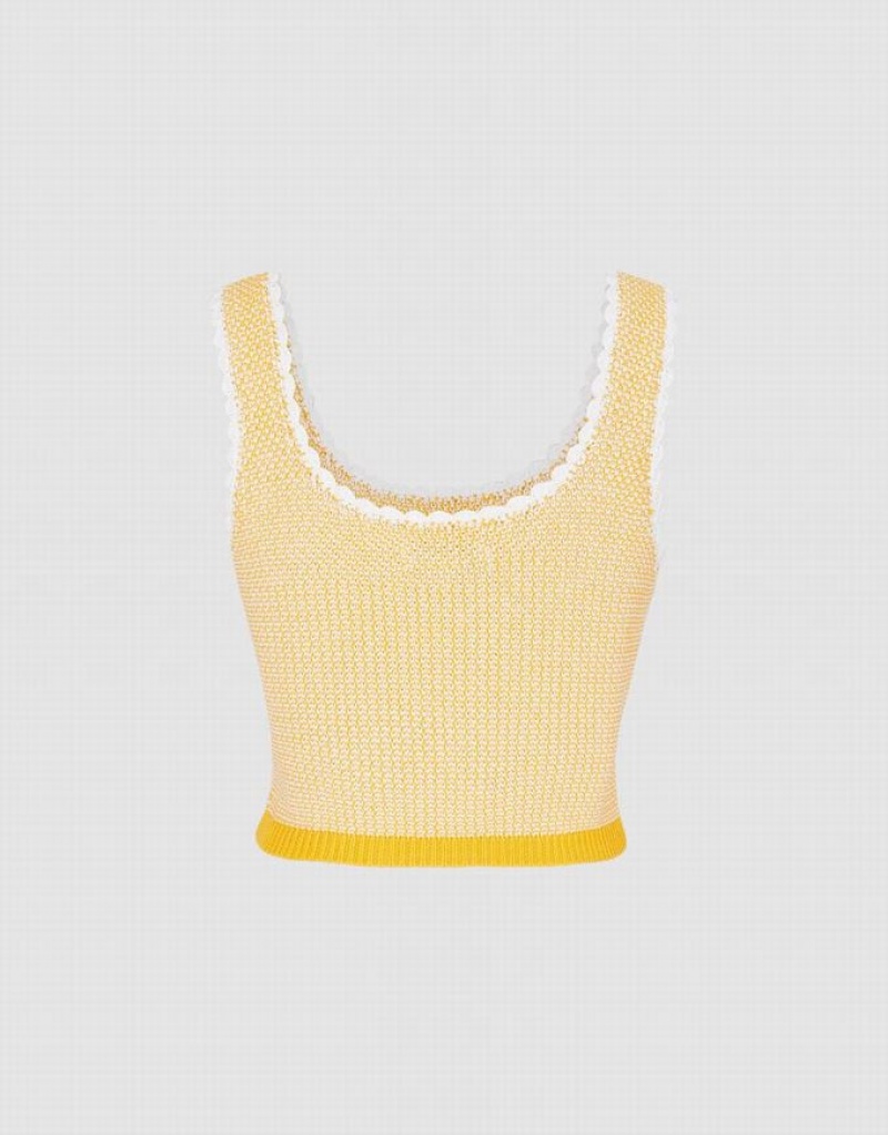 Yellow Urban Revivo Contrast Trim Half Button Knitted Women's Tank Top | 64209WCHP