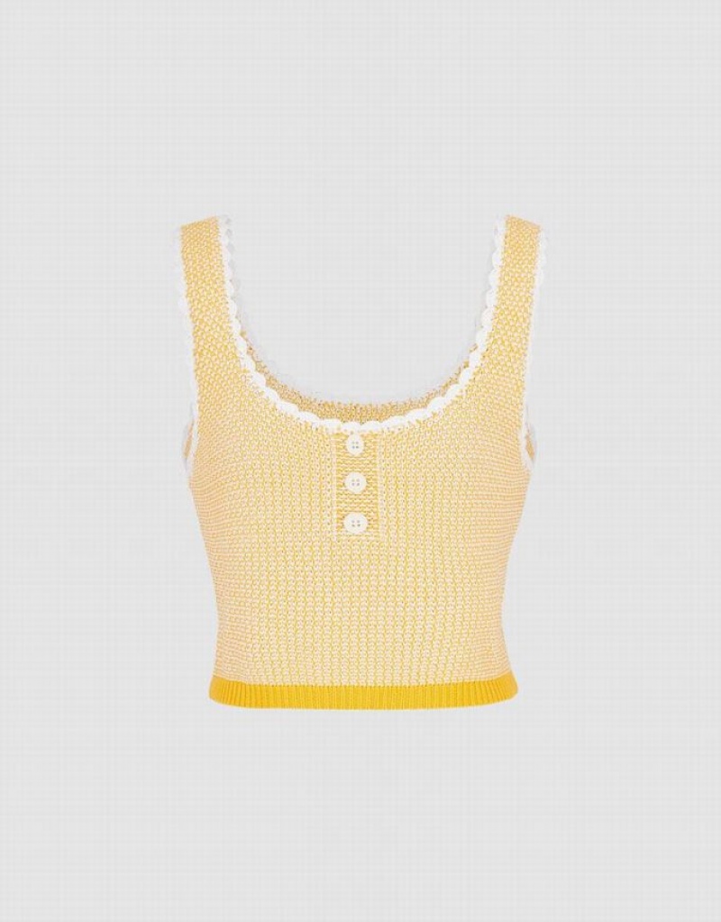 Yellow Urban Revivo Contrast Trim Half Button Knitted Women\'s Tank Top | 64209WCHP