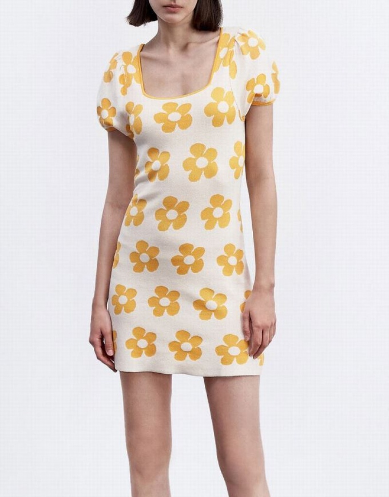 Yellow Urban Revivo Floral Pattern Puff Sleeve Women's Knitted Dress | 59786IPKC